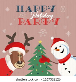 Happy holidays party poster. Cute deer, snowman in Santa Claus hat. Christmas tree. Colorful playful cartoon. Funny Seasonal wishes lettering. Vector winter holiday greeting. New Year event fun banner