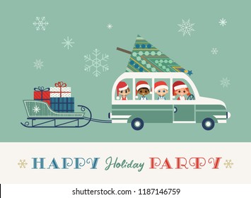Happy holidays party poster. Cute happy kids in Santa Claus hats. Christmas tree on retro bus. Sleigh, gifts. Colorful playful cartoon. Vector winter holiday greeting card. New Year event fun banner