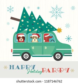 Happy holidays party poster. Cute comic dogs in Santa Claus hat. Christmas tree on retro car. Colorful playful cartoon. Seasonal wishes. Vector winter holiday greeting card. New Year event fun banner