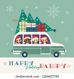 Happy Holidays Party Poster. Cute Happy Kids In Santa Claus Hats. Christmas Tree On Retro Bus, Gift Presents. Colorful Playful Cartoon. Vector Winter Holiday Greeting Card. New Year Event Fun Banner