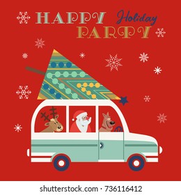 Happy holidays party poster. Cute deer, pet dog, Santa Claus deliver Christmas tree by retro bus. Colorful playful cartoon. Vector winter holiday greeting card. New Year fun banner background