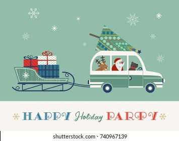 Happy holidays party poster. Cute deer, pet dog, Santa Claus. Christmas tree on retro bus. Sleigh with gifts. Colorful playful cartoon. Vector winter holiday greeting card. New Year event fun banner