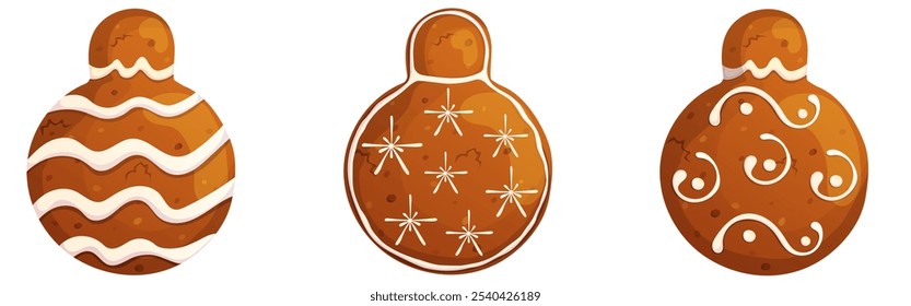 Happy holidays pastry set. Gingerbread Christmas ball with cream ornaments collection isolated on white background. 