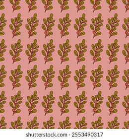 Happy holidays pattern with branches and red berries. Retro ornament for cards, wrapping paper, fabric. Cartoon groovy style