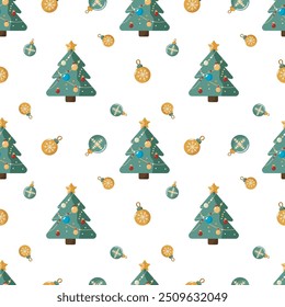 Conjunto de patrones de felices fiestas 2024. Patrón sin fisuras con árboles de Navidad y adornos