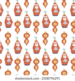 Happy Holidays pattern. Xmas seamless background with christmas decoration and festive elements, toys, baubles.