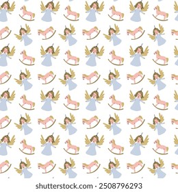 Happy Holidays pattern. Xmas seamless background with christmas decoration and festive elements, toys, baubles.