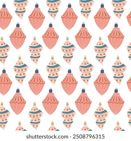 Happy Holidays pattern. Xmas seamless background with christmas decoration and festive elements, toys, baubles.