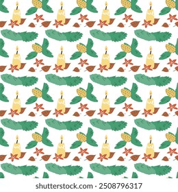 Happy Holidays pattern. Xmas seamless background with christmas decoration and festive elements, toys, baubles.