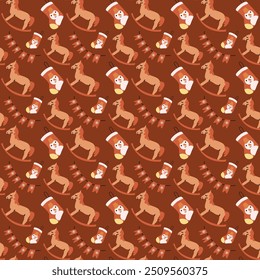 Happy Holidays pattern. Xmas seamless background with christmas decoration and festive elements, toys, baubles.
