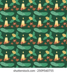 Happy Holidays pattern. Xmas seamless background with christmas decoration and festive elements, toys, baubles.
