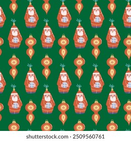 Happy Holidays pattern. Xmas seamless background with christmas decoration and festive elements, toys, baubles.