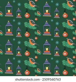 Happy Holidays pattern. Xmas seamless background with christmas decoration and festive elements, toys, baubles.