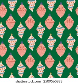 Happy Holidays pattern. Xmas seamless background with christmas decoration and festive elements, toys, baubles.