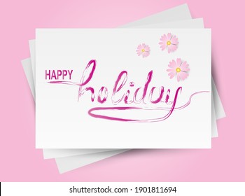 Happy Holidays phrase written in paints on 3D paper stack template decorated with daisies. Spring design for postcard, banner, poster. Vector.