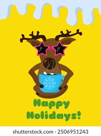 Happy Holidays, positive greeting card with funny deer in sunglasses and hot drink on bright yellow background for design