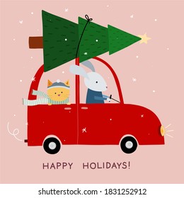 Happy holidays post card with cute animals