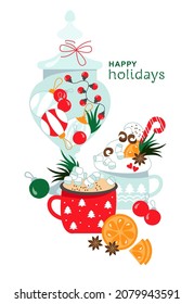Happy Holidays. Postcard for Christmas. Vector illustration. New Year.
