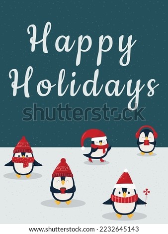 Happy Holidays postcard. Five winter pinguins on dark nigth background. Pinguins in red christmas hats on snow. Flat style vector.