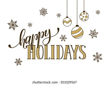 Plantilla postal de vacaciones felices. Letras doradas modernas con copos de nieve aislados en fondo blanco. Concepto de tarjeta de Navidad. 