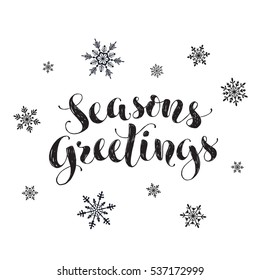Happy holidays postcard template. Modern New Year lettering with snowflakes isolated on white background. Christmas card concept. 