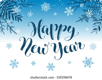 Happy holidays postcard template. Modern New Year lettering with snowflakes and branches on blue background. Christmas card concept.