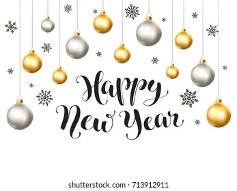 Happy holidays postcard template. Modern New Year lettering with snowflakes ans Christmas balls isolated on white background. Colorful Christmas greeting card concept. 