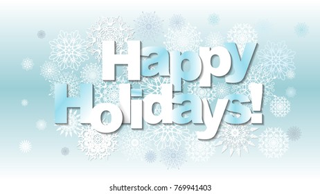 Happy holidays postcard template. Modern New Year lettering with snowflakes and branches on blue background. Christmas card concept.