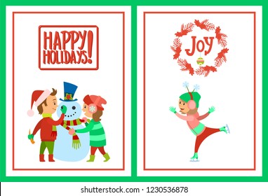 Happy holidays postcards, children making snowman and joy, skating on rink vector. Boy in Santa Claus hat, earphones with snowflakes, winter characters