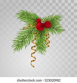 Happy Holidays poster. Banner with red ball, green branches of christmas tree, fir and gold ribbon, serpentine on the transparent background. Christmas design, decor. Vector illustration.