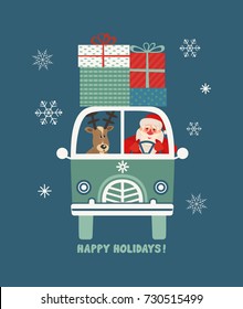 Happy holidays poster. Cute deer, Santa Claus deliver Christmas gifts by bus. Colorful playful cartoon. Father Santa and reindeer. Vector winter holiday greeting card. New Year fun banner background