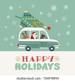 Happy holidays poster. Cute deer, dog, Santa Claus Christmas  tree by retro bus. Colorful playful cartoon. Puppy  and reindeer. Vector winter holiday greeting card. New Year fun banner background