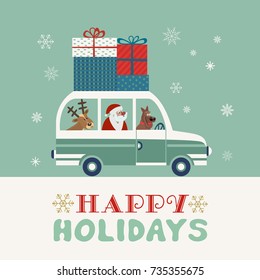 Happy holidays poster. Cute deer, pet dog, Santa Claus deliver Christmas presents gift boxes by retro bus. Colorful playful cartoon. Vector winter holiday greeting card. New Year fun banner background