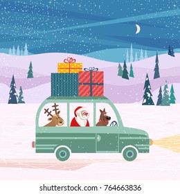 Happy holidays poster. Cute deer, pet dog, Santa Claus deliver Christmas presents gift boxes by retro bus. Colorful playful cartoon. Vector winter holiday greeting card. New Year fun banner background