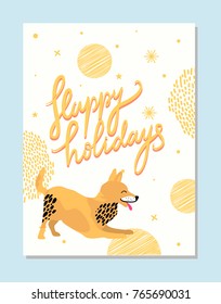 Happy holidays poster with playful fox terrier and golden snowflakes. Animal symbol of 2018 on postcard with congratulation vector illustration.