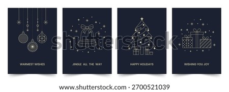 Happy Holidays Poster Set featuring gold line art icons of ornaments, bell, Christmas tree, and gift boxes on a dark navy background. Vector illustration.