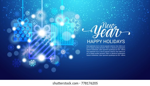 Happy Holidays Poster Shiny Bokeh Snoflakes On Blue Background New Year Decoration Banner With Copy Space Vector Illustration