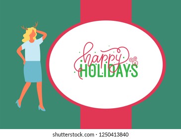 Happy holidays poster, woman in blue skirt and t-shirt, reindeer horns accessory on head. Vector female in flat design. Girl celebrating Xmas party