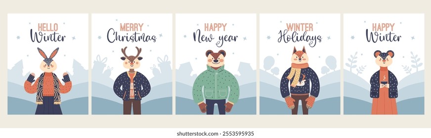 Happy holidays posters. Xmas postcards set. Winter animal greeting cards.