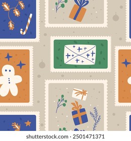 Fröhliche Feiertage präsentieren ein nahtloses Muster. Winter Weihnachten Geschenke Post Briefmarken Bogen wiederholen Hintergrund. New Yea Retro Aufkleber endloses Design. Handgezeichnete Vektorgrafik.