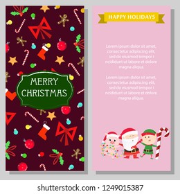 Happy Holidays program booklet design. Postcard with cartoon characters of Santa Claus, christmas elf and piglet in garland. Can be used for festive programs, party, invitations 