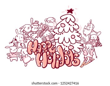 happy holidays rabbits christmas card doodle style - Shutterstock ID 1252427416