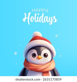 Boas Festas. Personagem de pinguim 3D realista. Banner moderno para saudação. Celebração de Natal. Anúncios de Ano Novo. Ilustração vetorial.