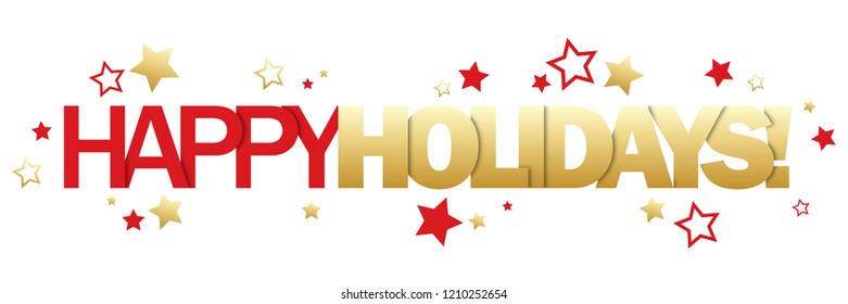 HAPPY HOLIDAYS red and gold banner with stars