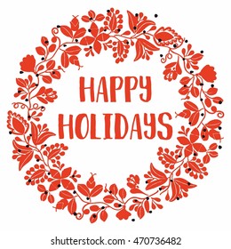Happy Holidays red vector card with wreath isolated on white background