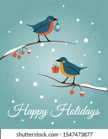 Happy Holidays retro card with birds. Happy New Year and Merry Christsmas greeting illustration