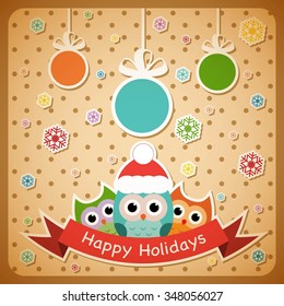 Happy Holidays retro card with owls