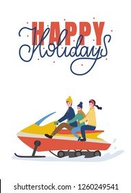 Happy holidays with riding family snowmobiling. Parents and child going together outdoor in warm clothes. Greeting papercard isolated on white vector flat style