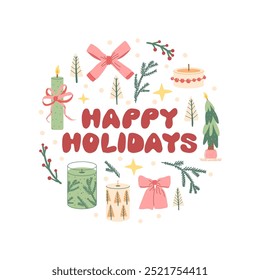Happy Holidays round emblem decoration collection. Christmas bows and festive candles. Vector hand drawn flat set illustration isolated on white background.