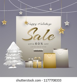 Happy Holidays Sale Banner, Promotional Poster, Advertisement,  Flyer, Up to 60% Off Sale Vector. 